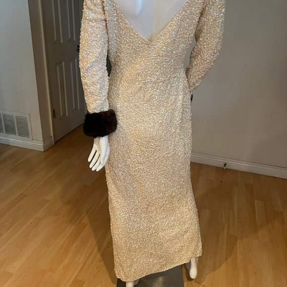 50'S VINTAGE GENE SHELLY'S BOUTIQUE SEQUIN MINK TRIM GOWN SIZE 14 - Picture 5 of 8